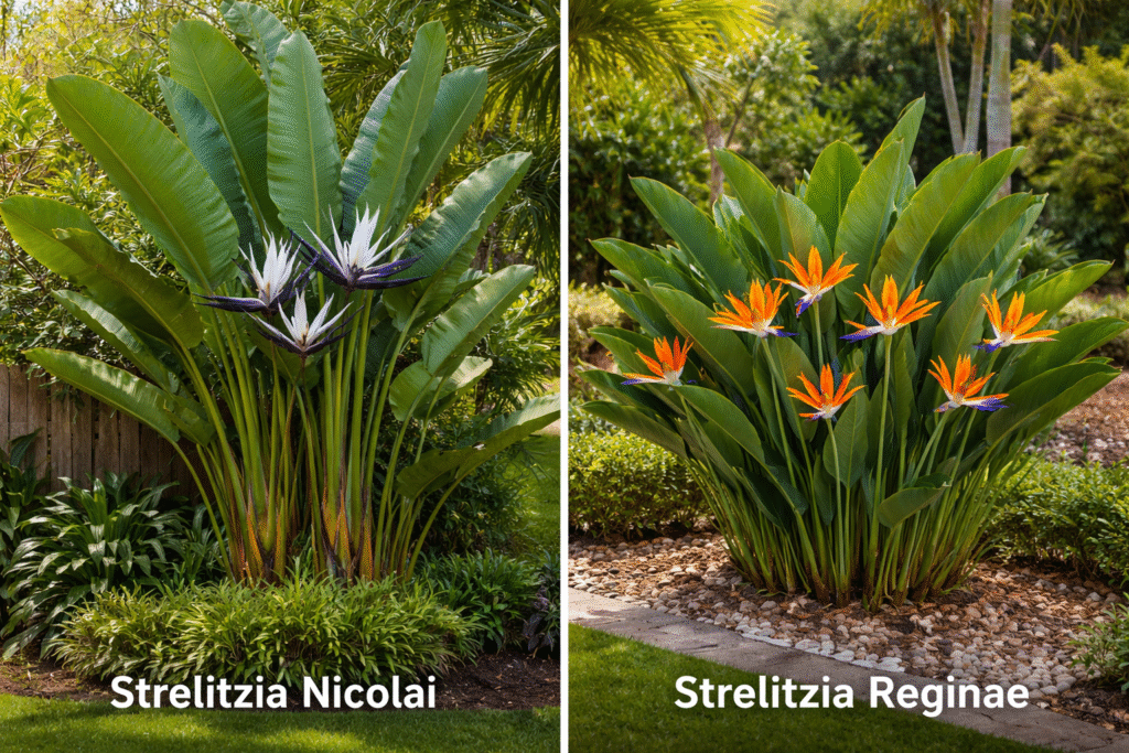 Ultra-realistic side-by-side comparison of Strelitzia Reginae (orange flowers, 1.5m tall) and Strelitzia Nicolai (white flowers, 6m tall) in a modern Australian garden.