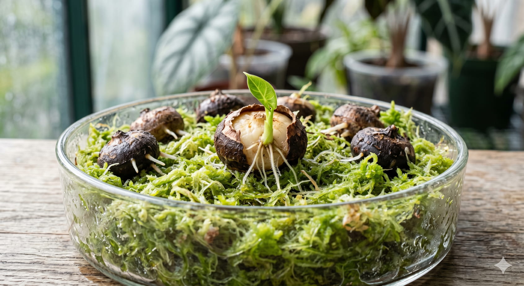 Sprouting Alocasia corms in a humidity dome