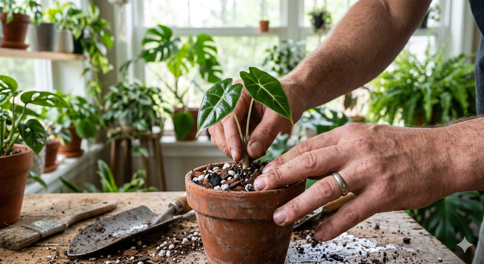 Successfully propagated baby Alocasia plants in pots