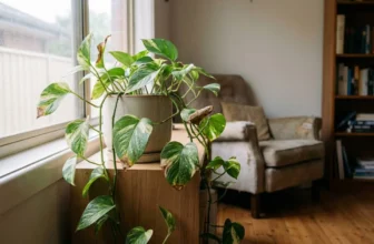 Devil’s Ivy beside a bright window with several naturally browned and crispy leaf tips