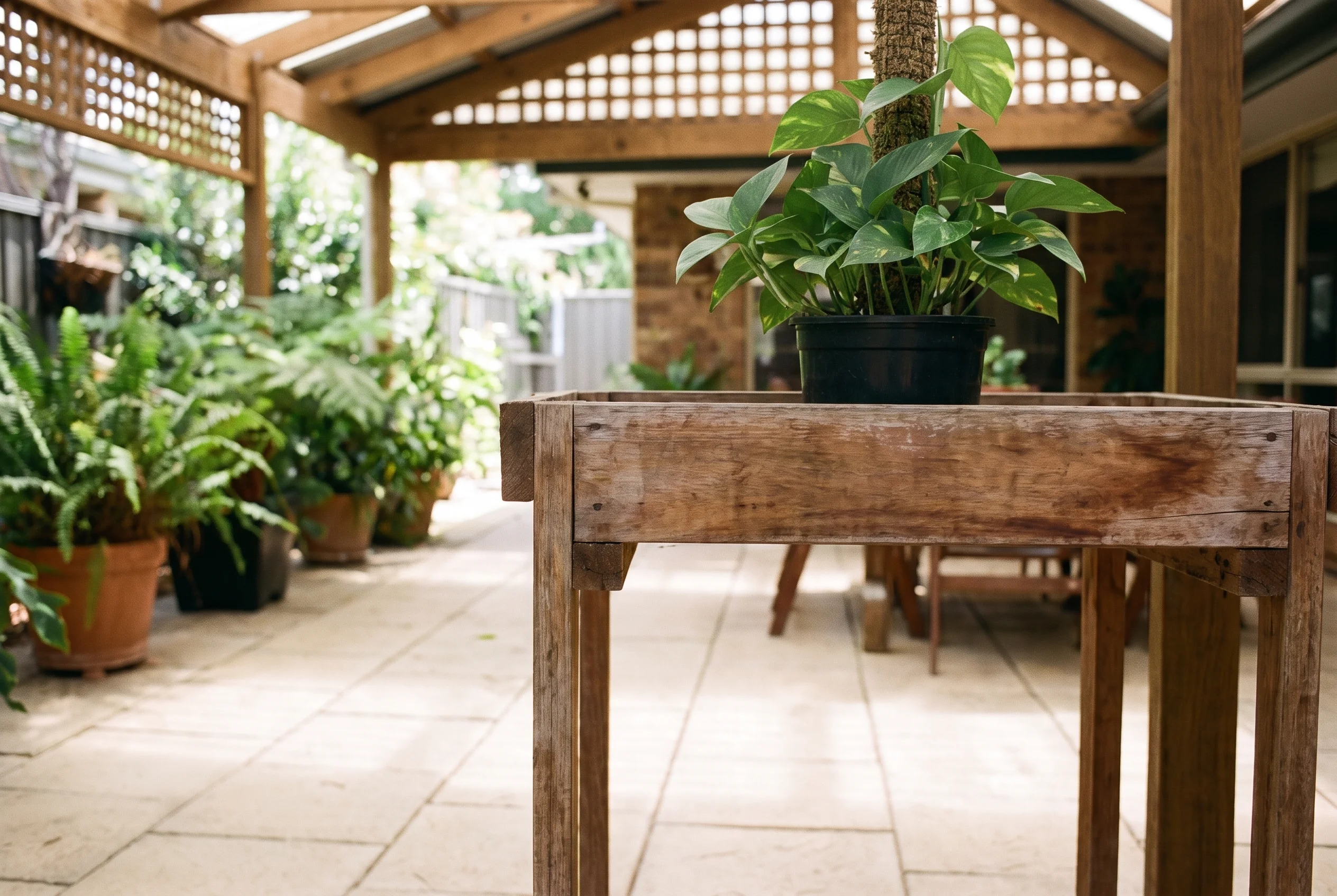 Devil's Ivy contained in a nursery pot on a raised patio stand