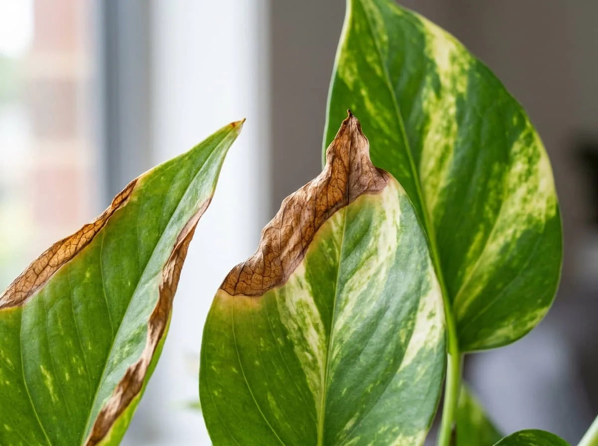 Close-up of Devil’s Ivy leaves with dry brown crispy tips and margins
