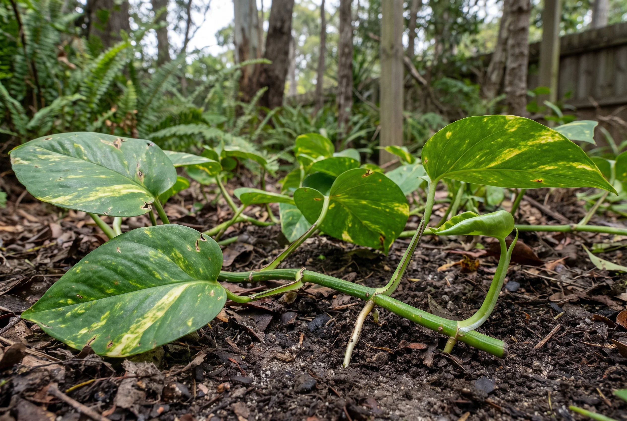 Devil's Ivy stem node rooting in damp soil outdoors