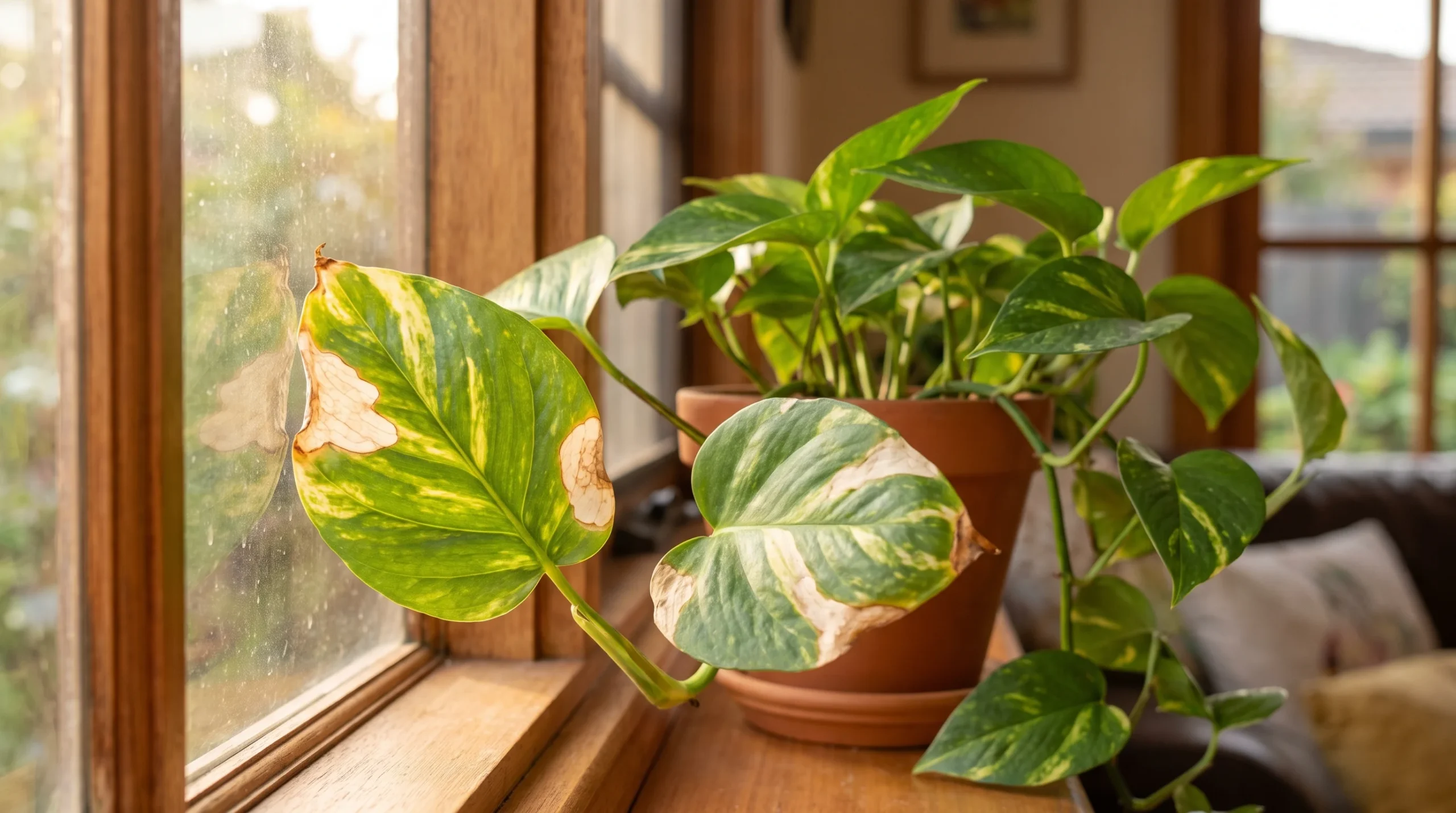 Devil's Ivy leaves with pale one-sided scorch patches beside a bright window