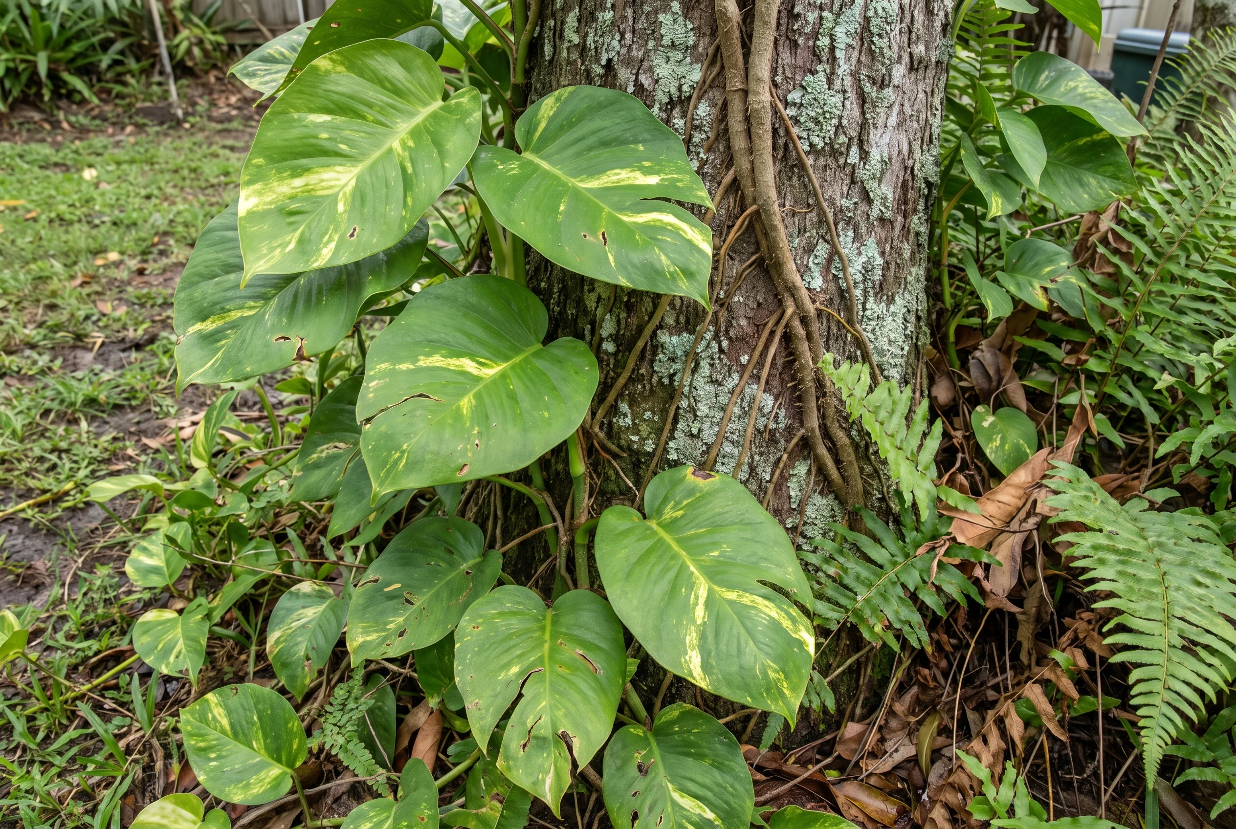 Golden pothos vine climbing a tree in a humid garden
