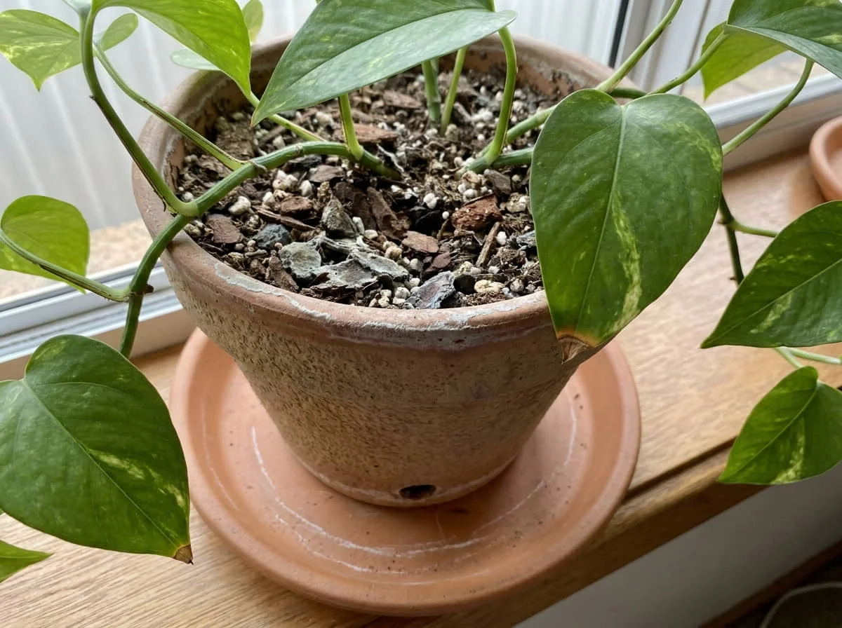 Devil’s Ivy pot with pale mineral residue around the terracotta rim and drainage saucer