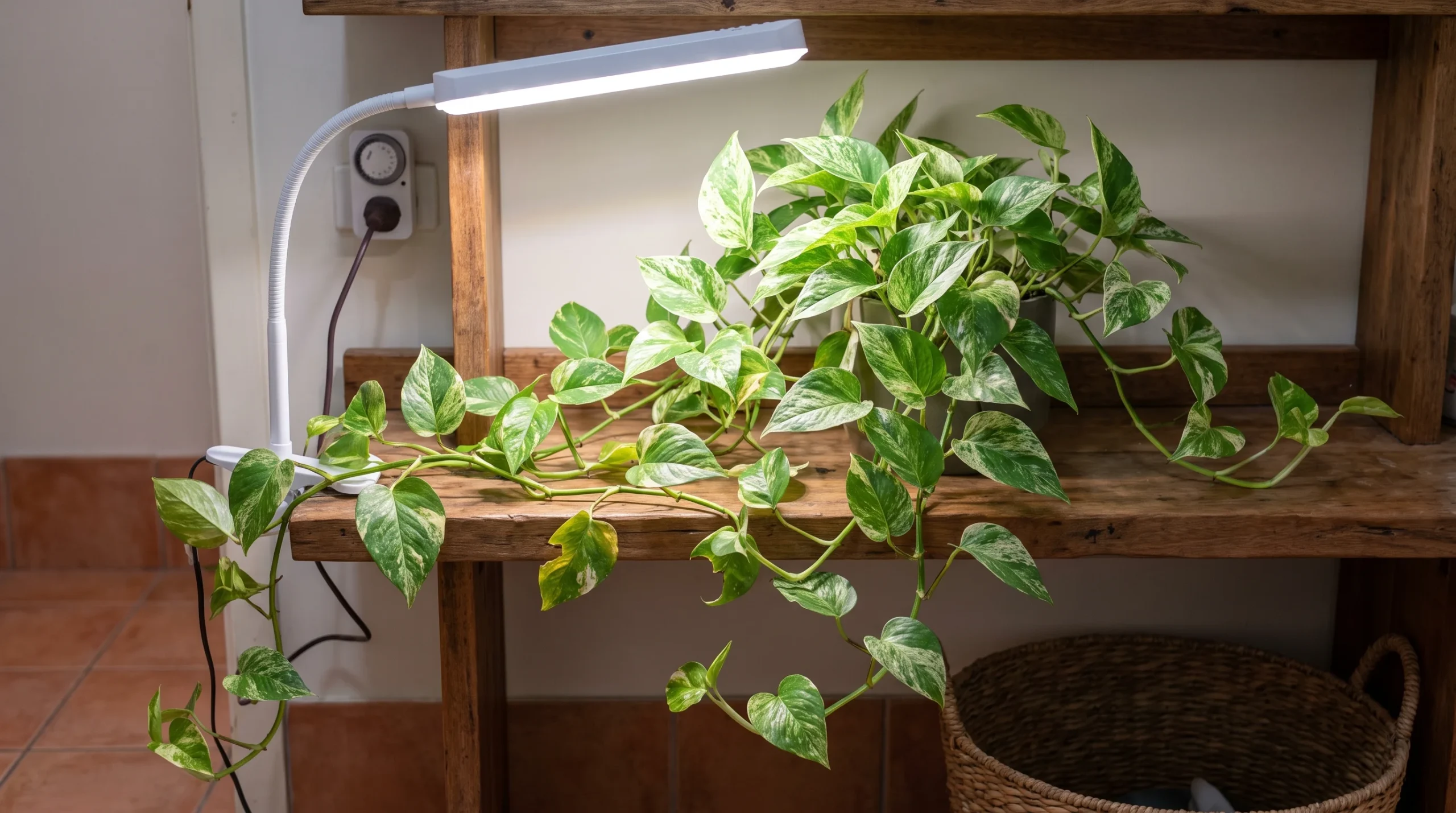 Healthy Devil's Ivy growing beneath a white LED grow light in a windowless room
