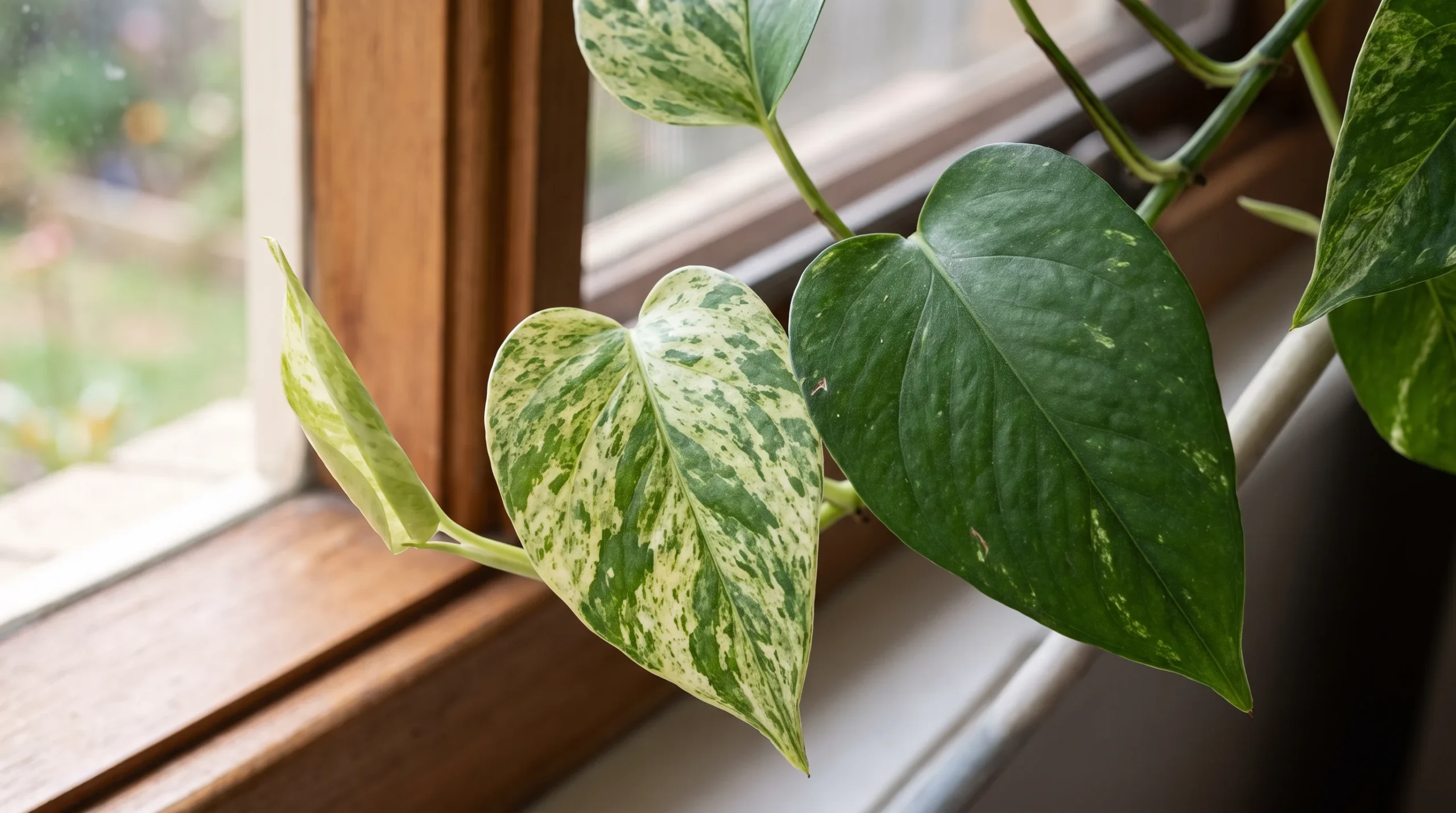 Naturally varied green and cream leaves on a healthy variegated Devil's Ivy