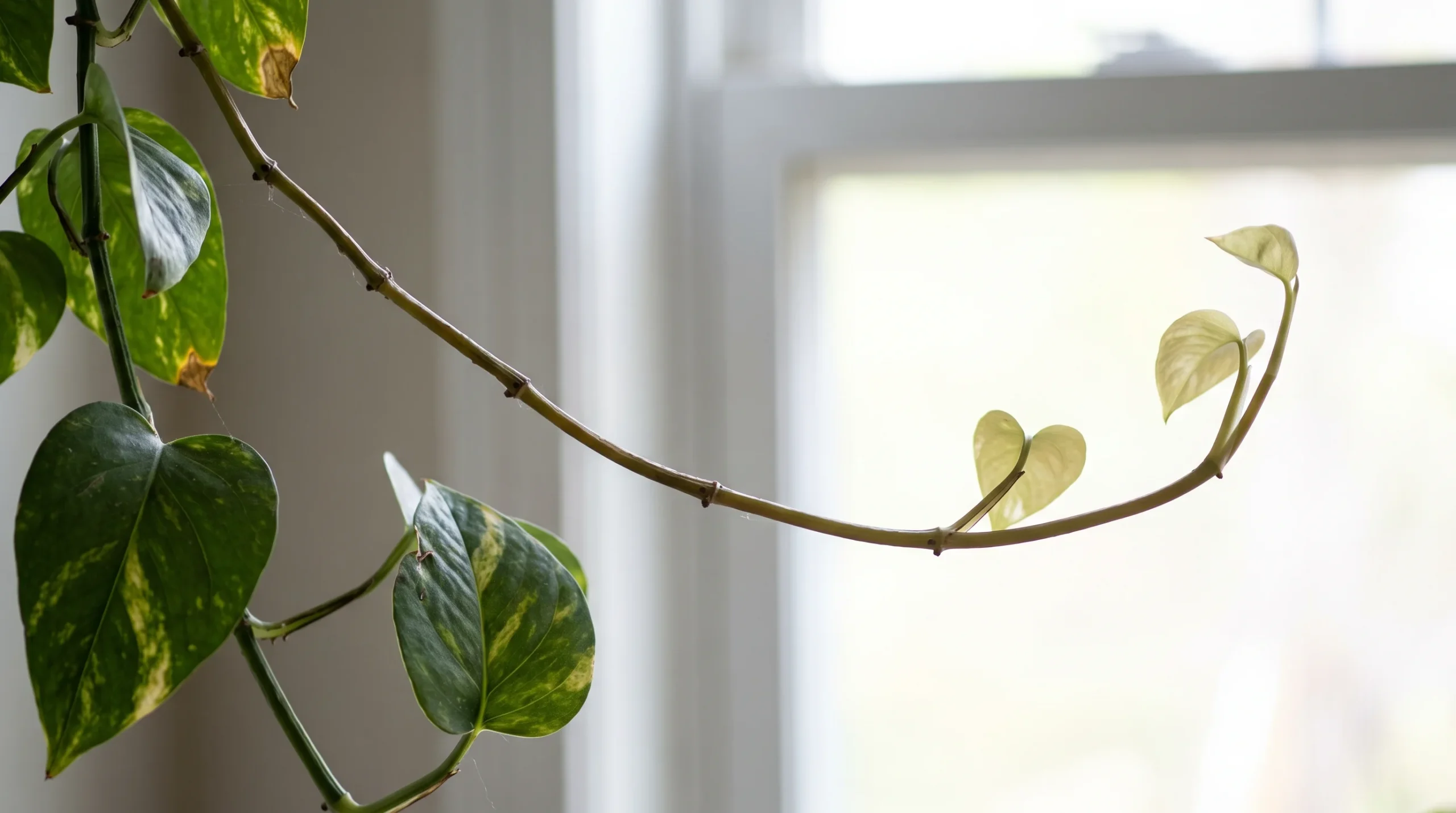 Leggy Devil's Ivy vine with long gaps and smaller new leaves leaning toward a window