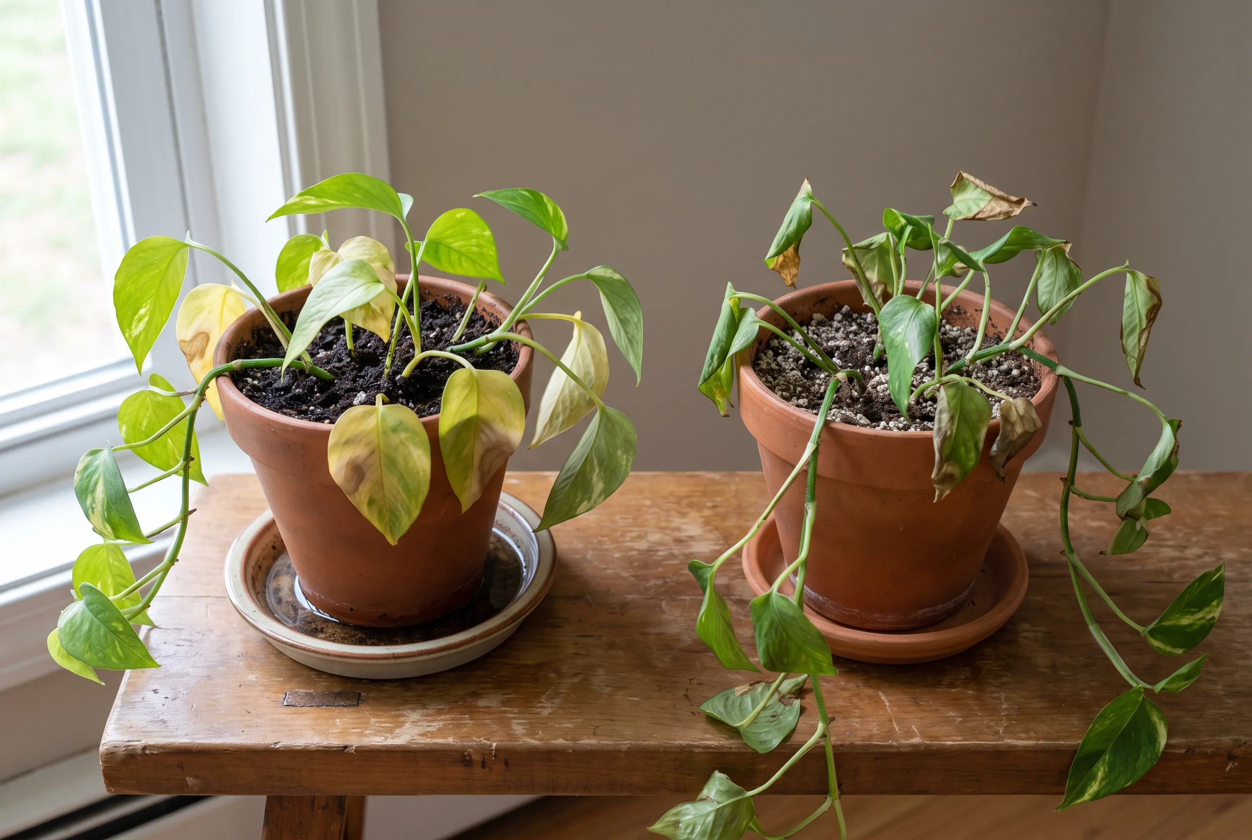 Overwatered and underwatered Devil's Ivy plants showing different symptoms