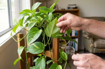 Person inspecting a Devil’s Ivy plant for signs of indoor pests