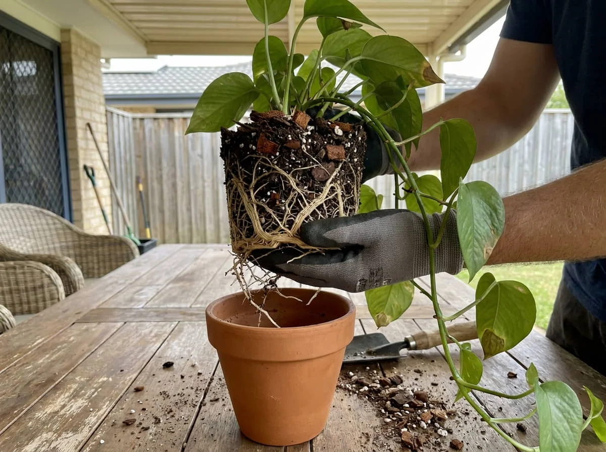 Devil’s Ivy root ball gently removed from its pot for inspection