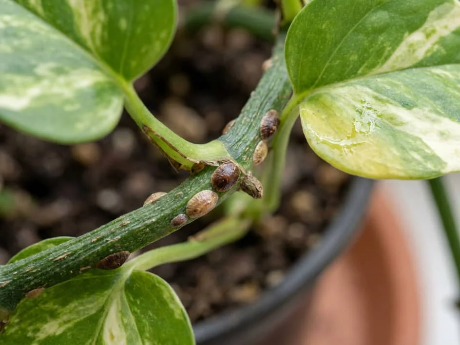 Brown and tan scale insects attached to a green Devil’s Ivy stem