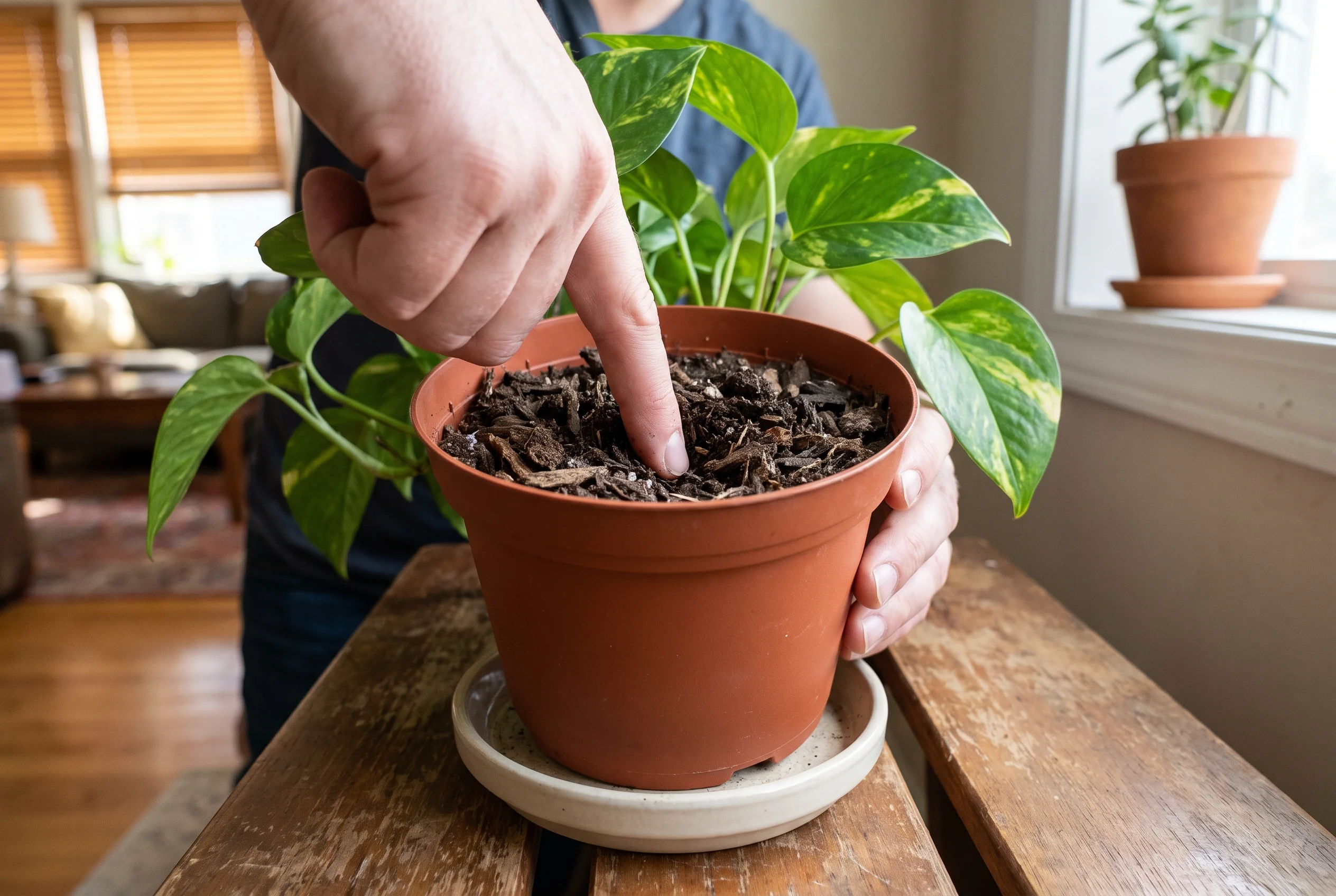 Hand checking moisture in the upper potting mix of a Devil's Ivy