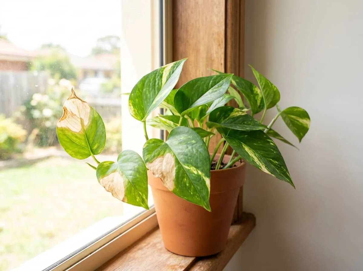 Devil’s Ivy beside a sunny window with pale dry scorch patches on window-facing leaves