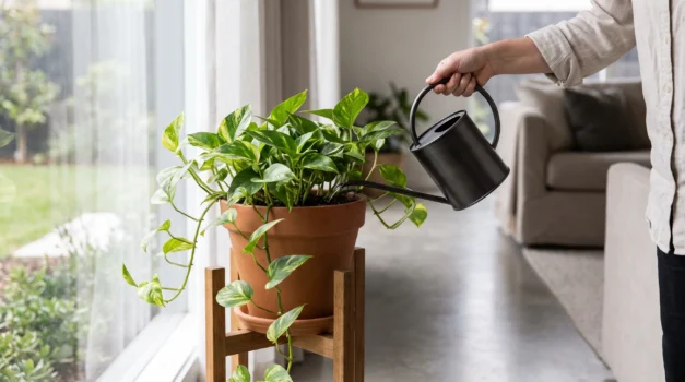 Healthy Devil's Ivy being watered near a bright Australian home window