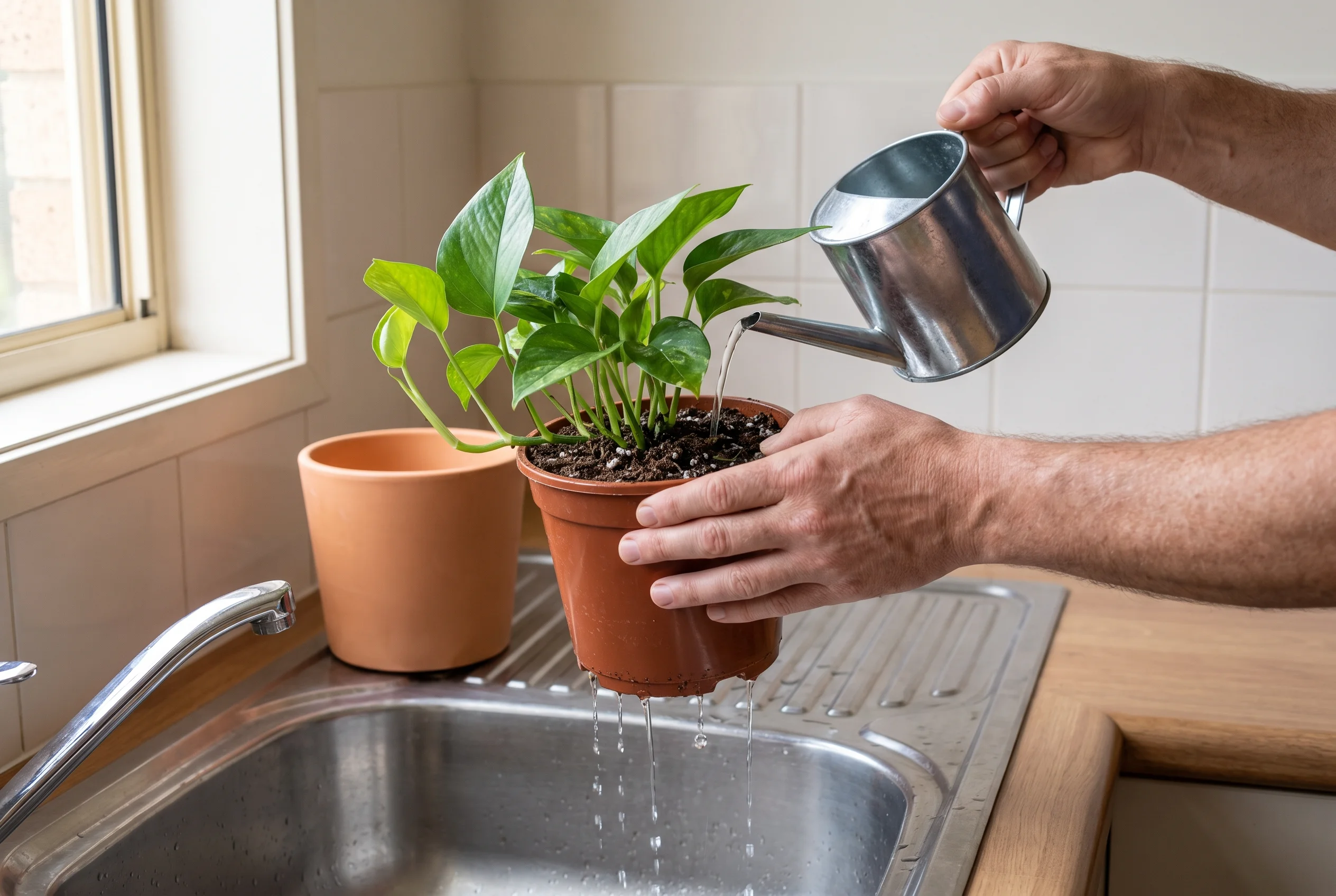 Devil's Ivy watered thoroughly while excess water drains from the nursery pot