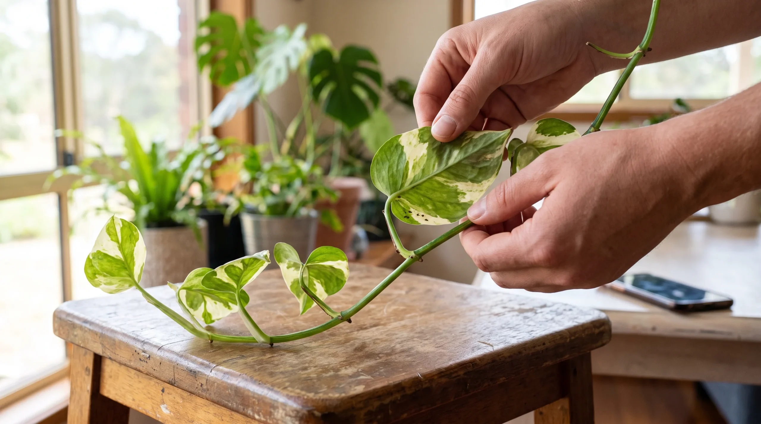 Devil’s Ivy isolated from other houseplants while its leaf underside is inspected