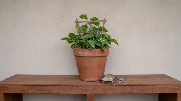Contained Devil's Ivy in a pot on a raised outdoor bench in Australia