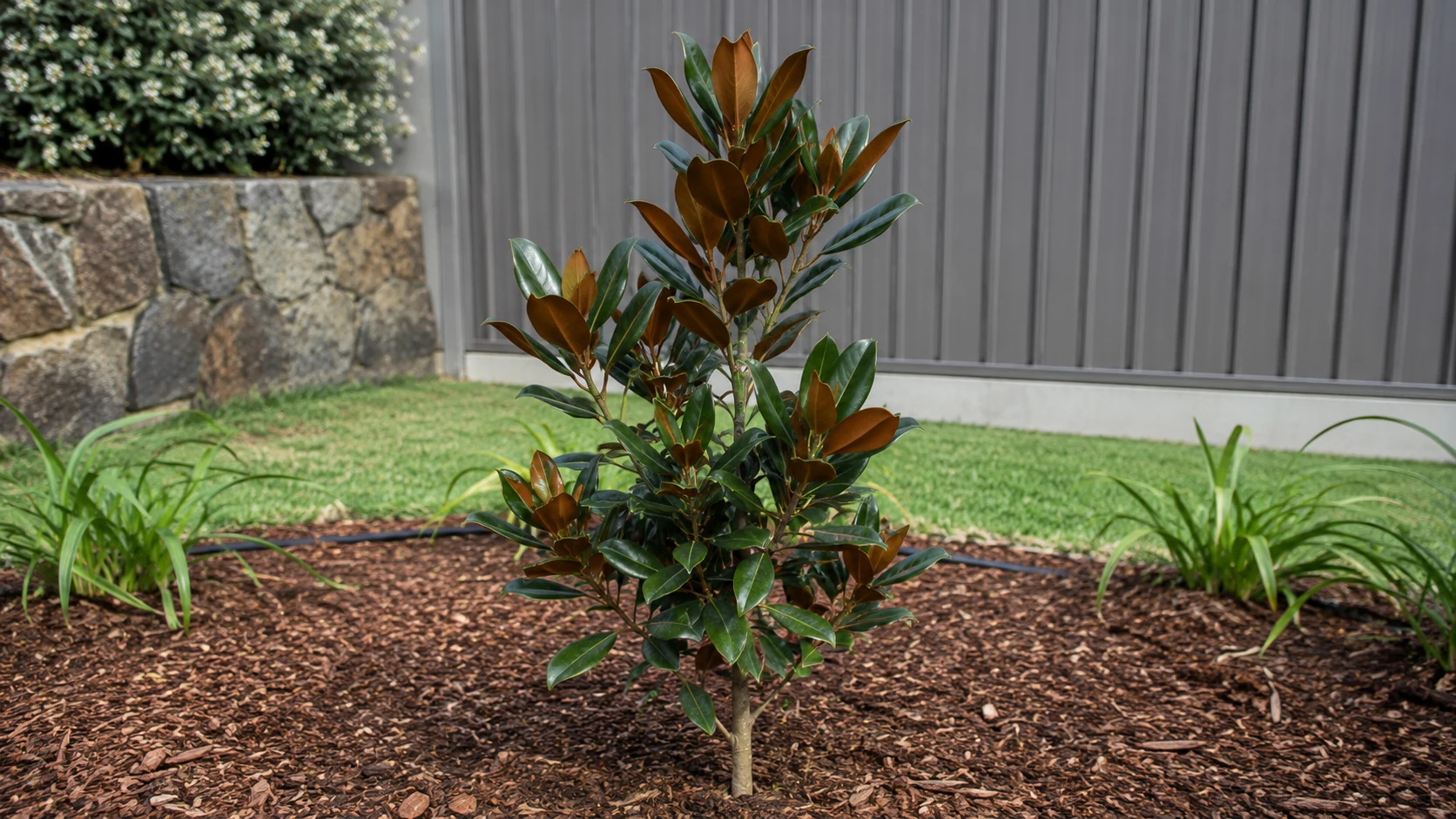 Young Teddy Bear Magnolia establishing in a residential garden