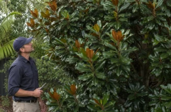 A gardener standing at ground level looking up at a healthy, dense Teddy Bear Magnolia in an Australian garden, holding closed secateurs at their side without cutting.