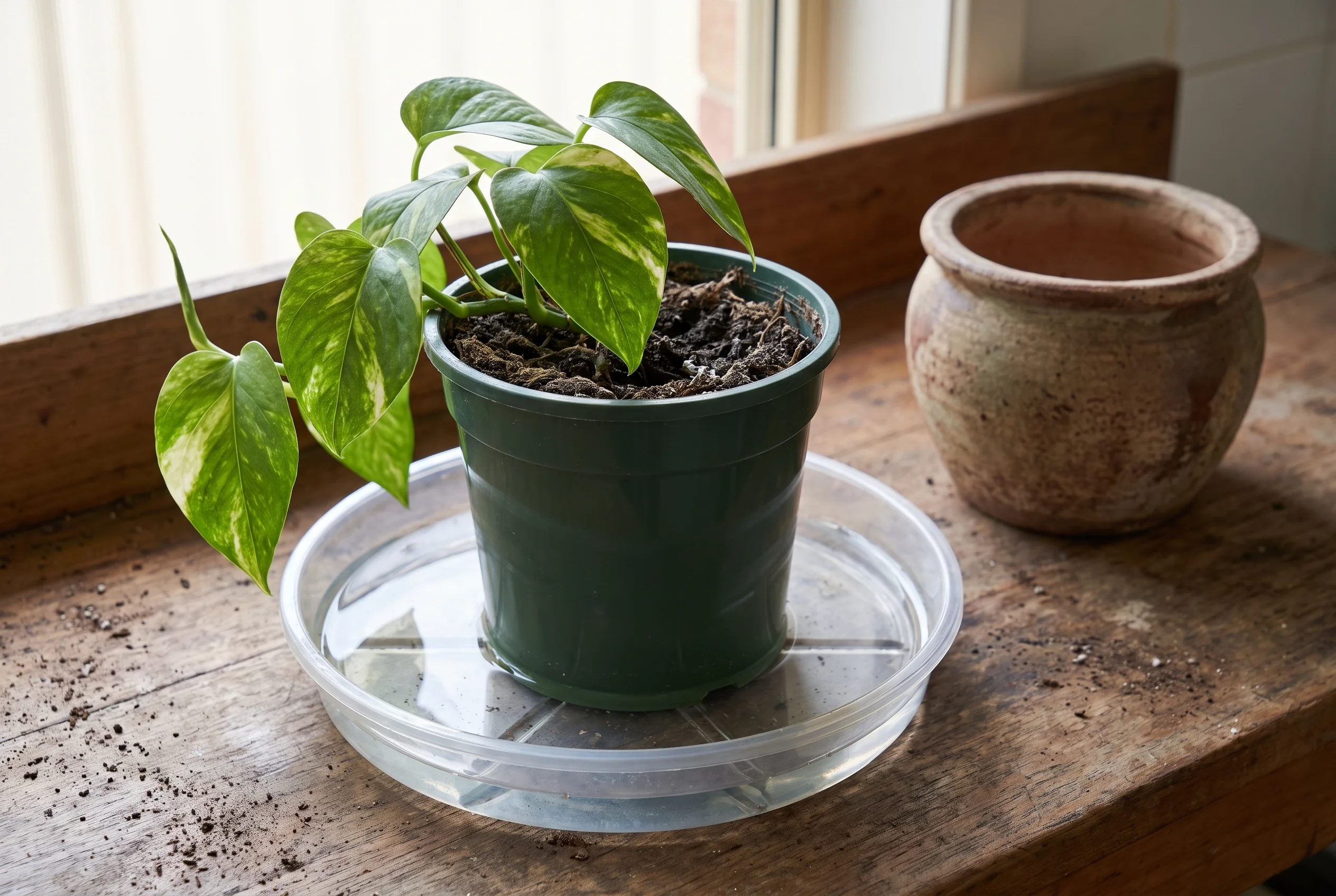 Devil's Ivy nursery pot standing in shallow water to rehydrate hydrophobic mix