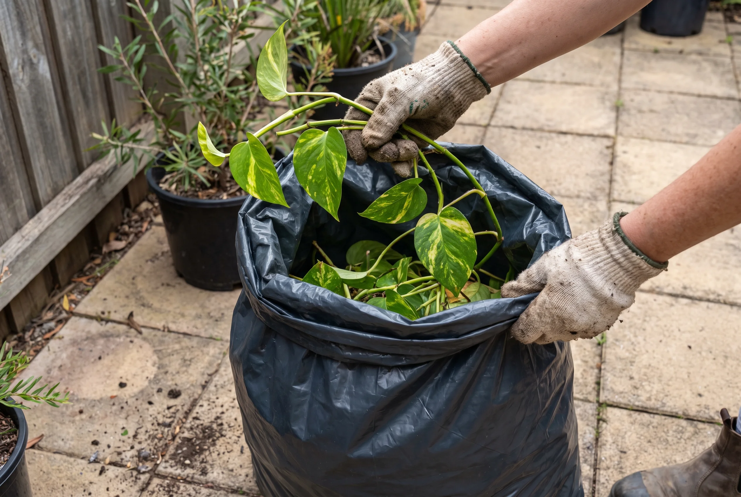 Gloved gardener sealing Devil's Ivy cuttings in a disposal bag