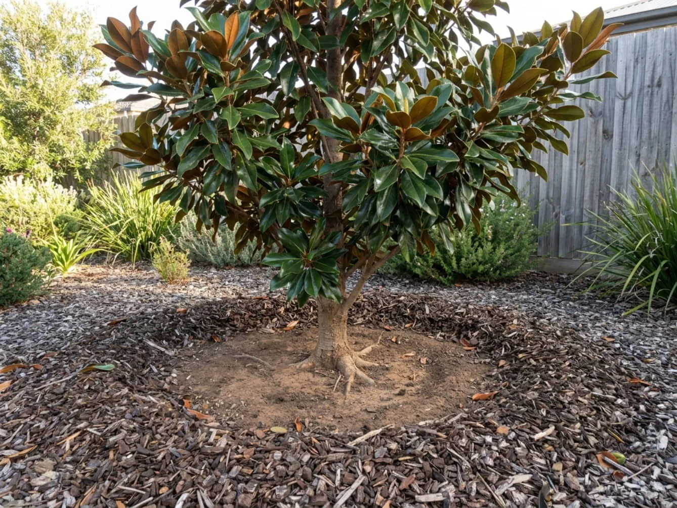 A Teddy Bear Magnolia with bark mulch spread in a ring but pulled back from the trunk, leaving the root flare and surface roots exposed and dry.