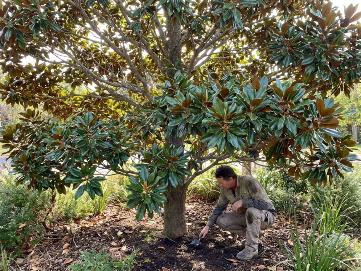 A gardener crouched at the base of a healthy Teddy Bear Magnolia in an Australian garden, checking the soil in the root zone with a small hand trowel.