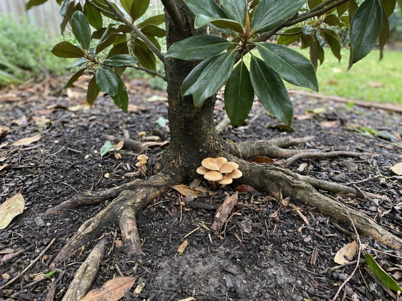 Small pale mushrooms growing at the base of a Teddy Bear Magnolia among the surface roots in damp soil, with the tree still standing and in leaf.