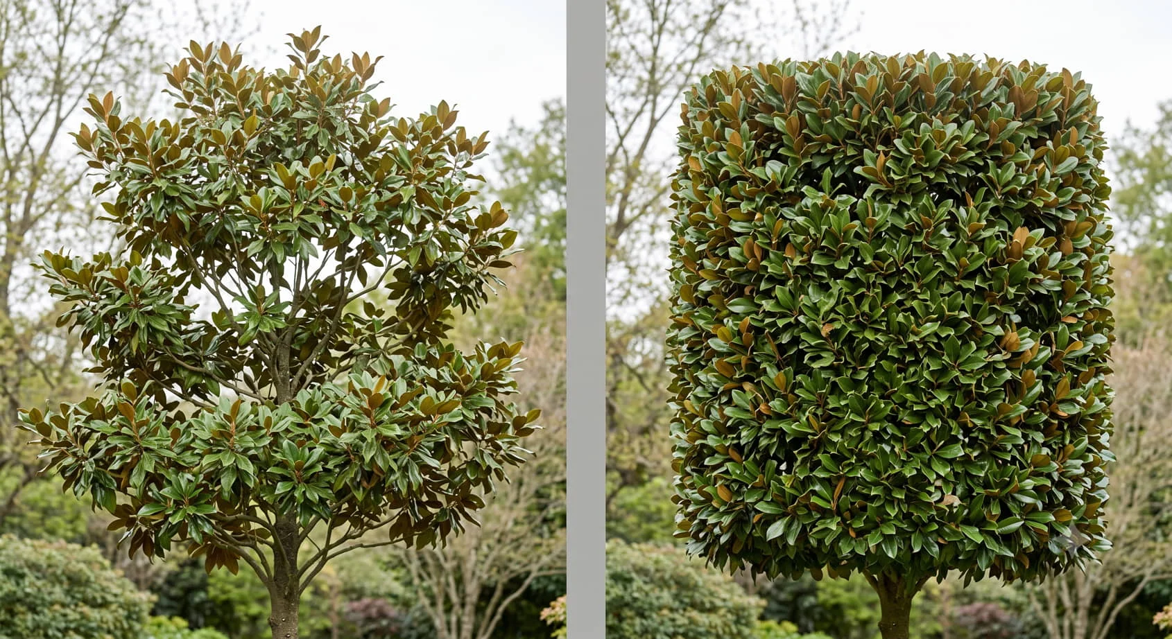 Side-by-side of two Teddy Bear Magnolias: on the left a naturally shaped tree with a loose rounded form after selective pruning; on the right the same species clipped into a rigid formal block by repeated shearing.
