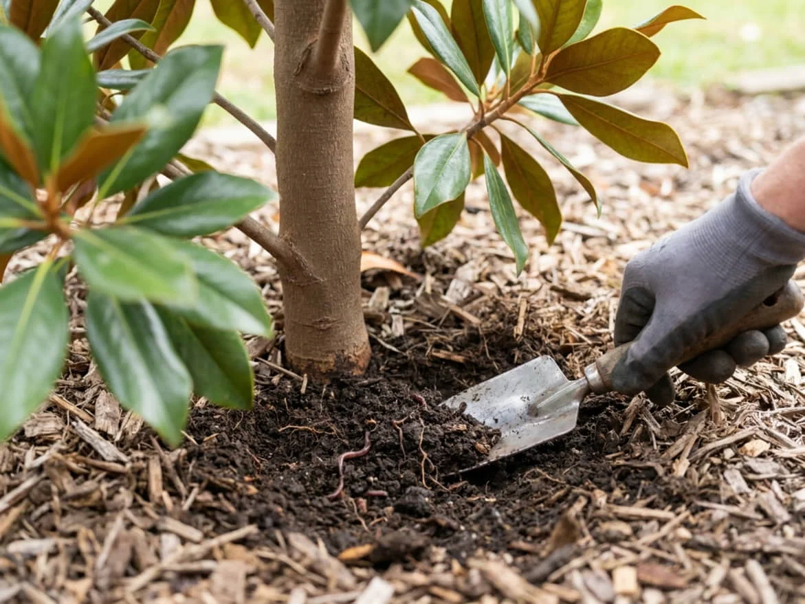 A gloved hand using a hand trowel to check the dark soil at the base of a young Teddy Bear Magnolia, with bark mulch pulled back and the trunk undamaged.