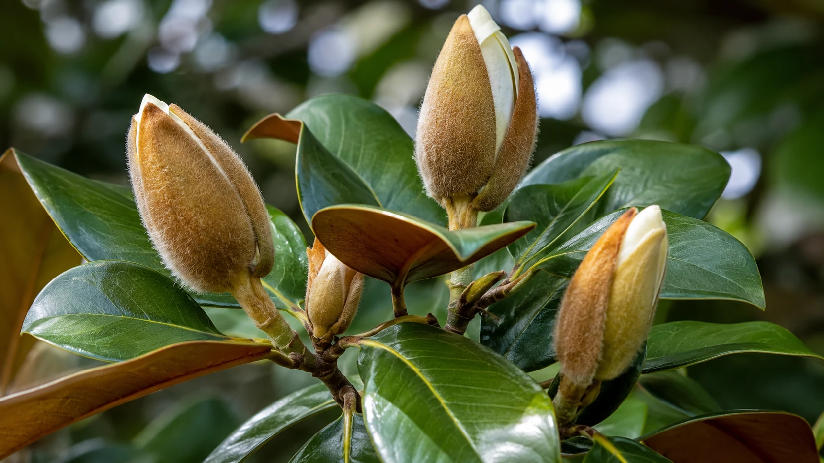 Healthy Magnolia flower buds developing among glossy evergreen leaves