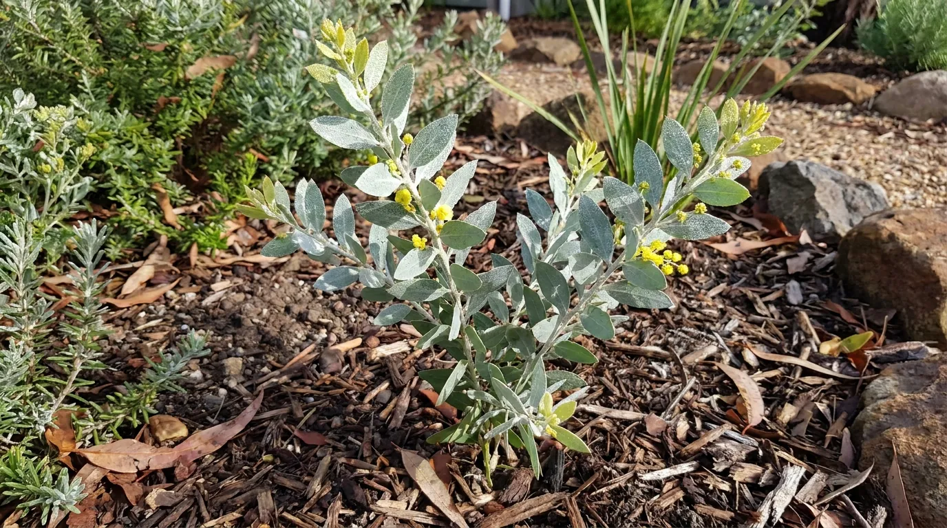 Young Queensland Silver Wattle plant establishing in a garden bed