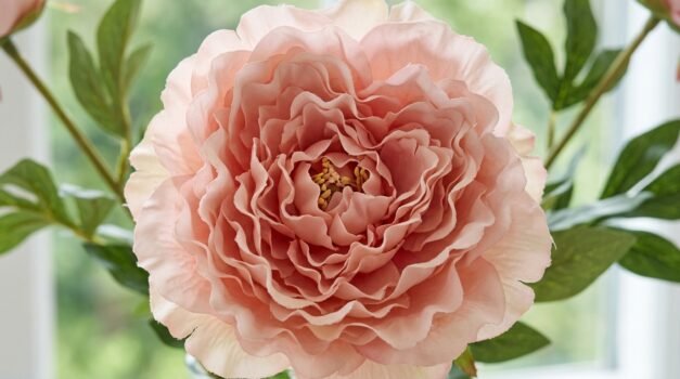 Lush bouquet of realistic artificial blush-pink peonies in a ceramic vase on a styled sideboard