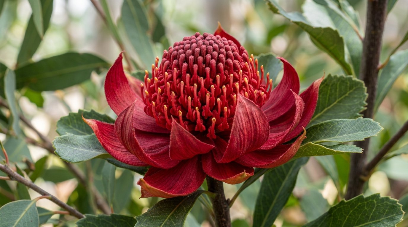 Large artificial native flower arrangement with faux banksia waratah and eucalyptus in a concrete pot in an office foyer