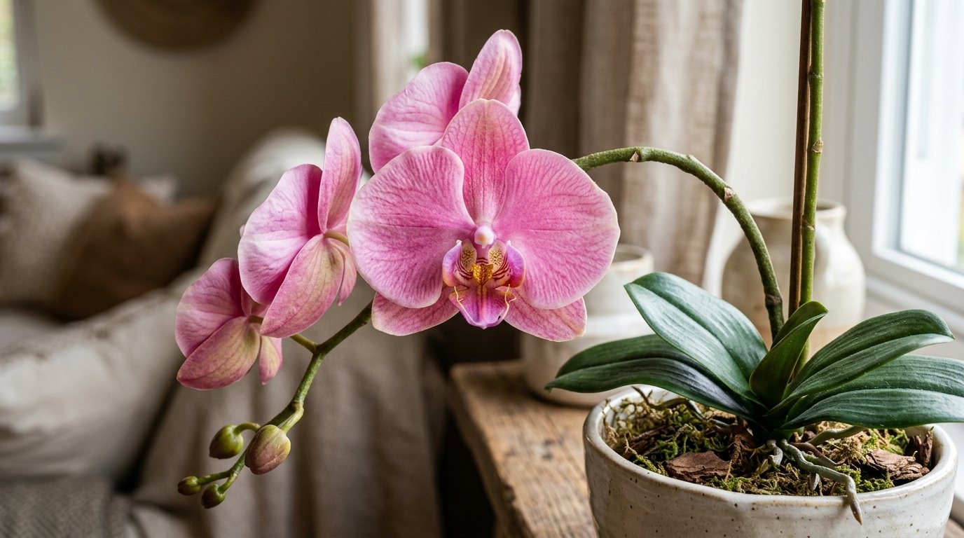 Office reception desk featuring a low artificial orchid arrangement in a white bowl in a modern workplace