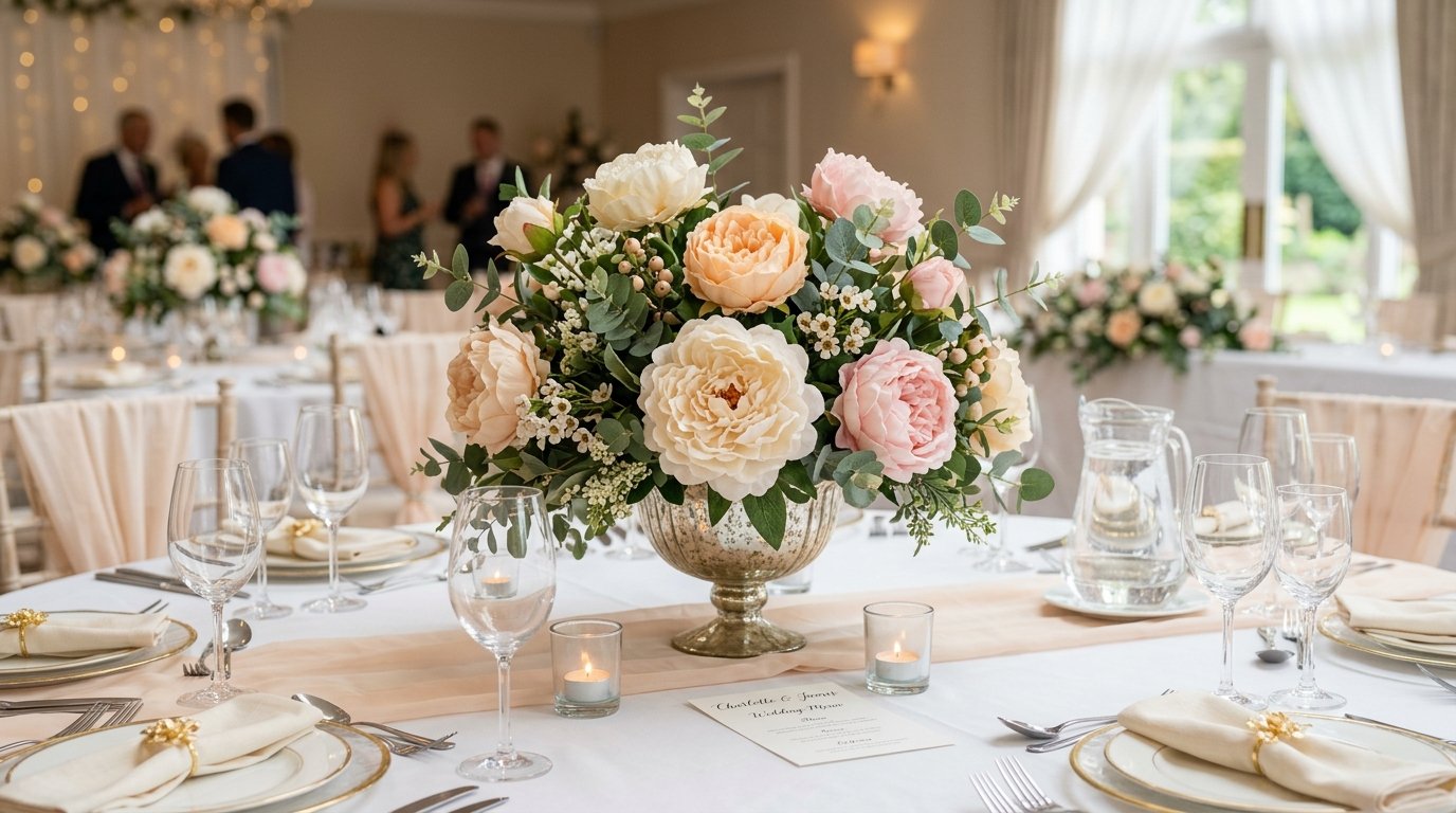 Mixed arrangement of artificial white and coral peonies with greenery in a large floor vase in an elegant hallway
