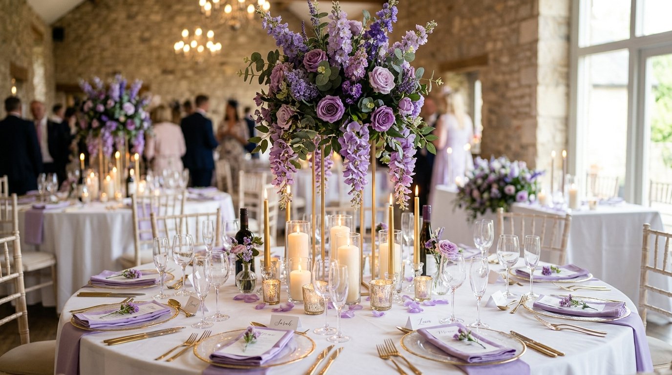 Soft bouquet of artificial purple roses and lisianthus wrapped as a gift on a table