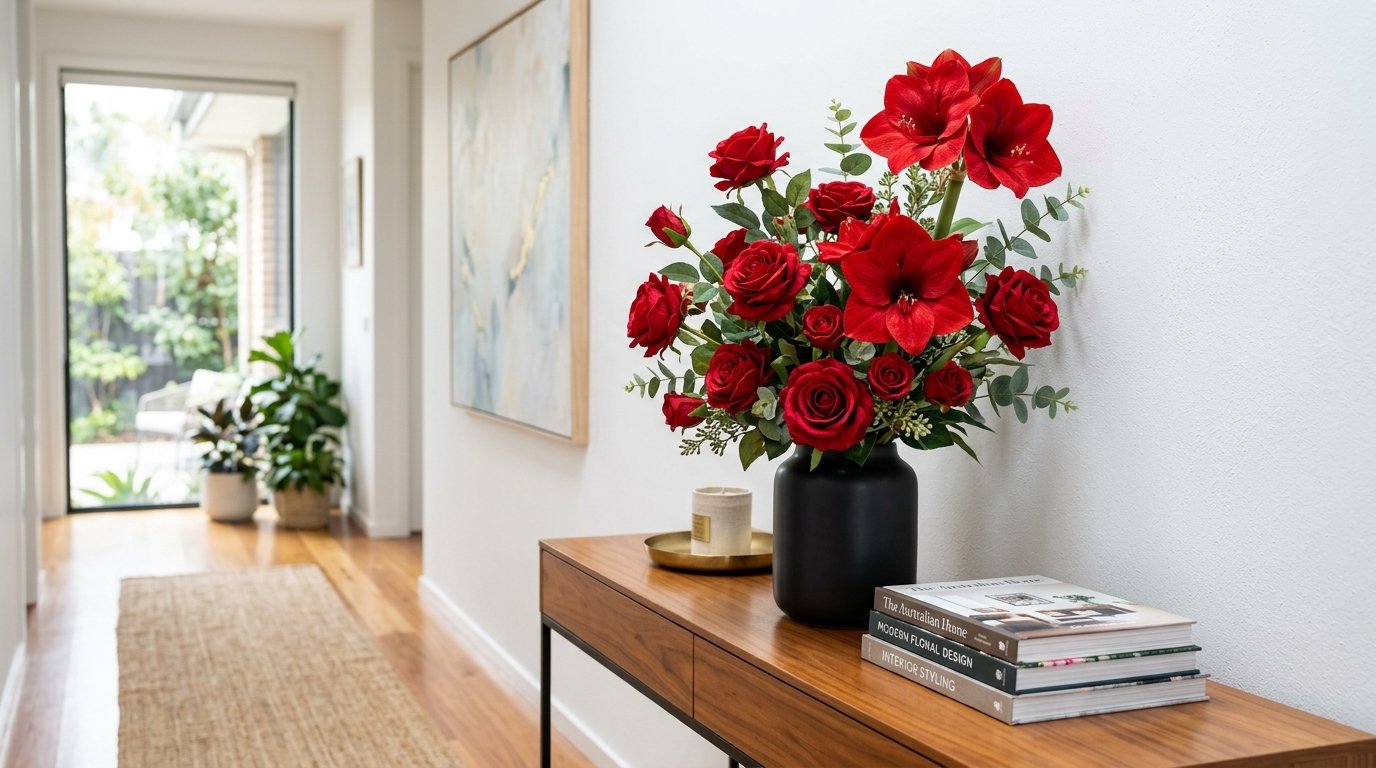 Festive red poinsettia and berry artificial arrangement as a Christmas table centrepiece