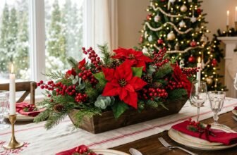 Bold arrangement of artificial red roses and amaryllis in a black vase on a modern console