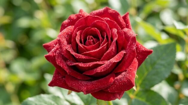 Romantic bouquet of realistic artificial deep-red roses wrapped in paper resting on a table