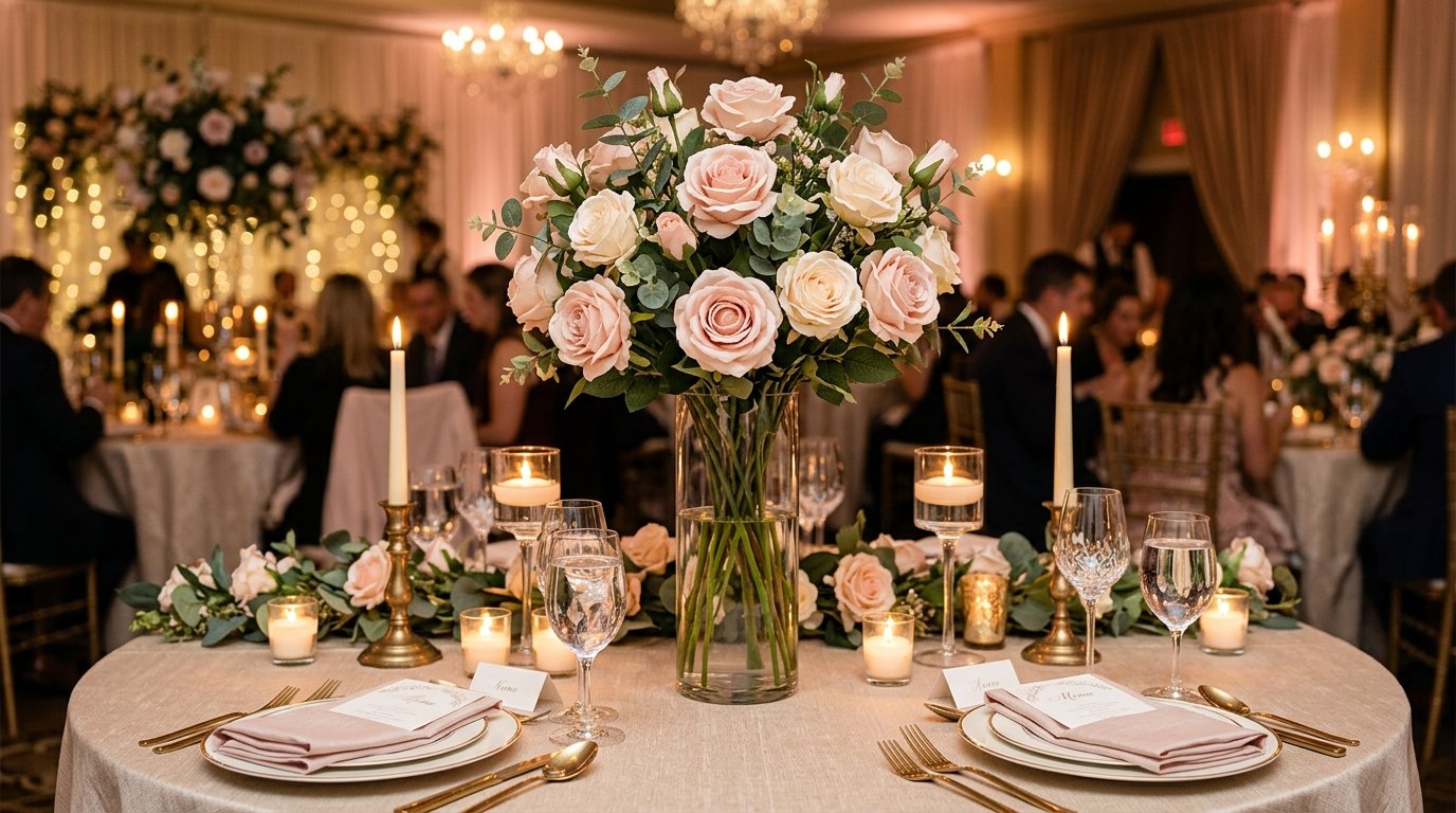 Arrangement of artificial white and pink roses in a round hat box as a gift display