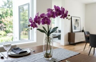 Lifelike artificial white Phalaenopsis orchid arrangement in a modern ceramic pot on a console table