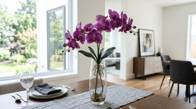Lifelike artificial white Phalaenopsis orchid arrangement in a modern ceramic pot on a console table