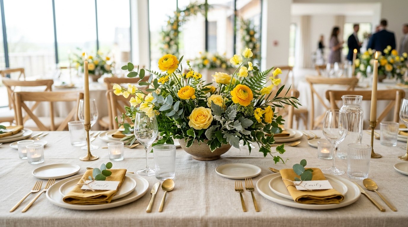 Bright bunch of artificial yellow daffodils and craspedia billy buttons in a glass jar on a windowsill