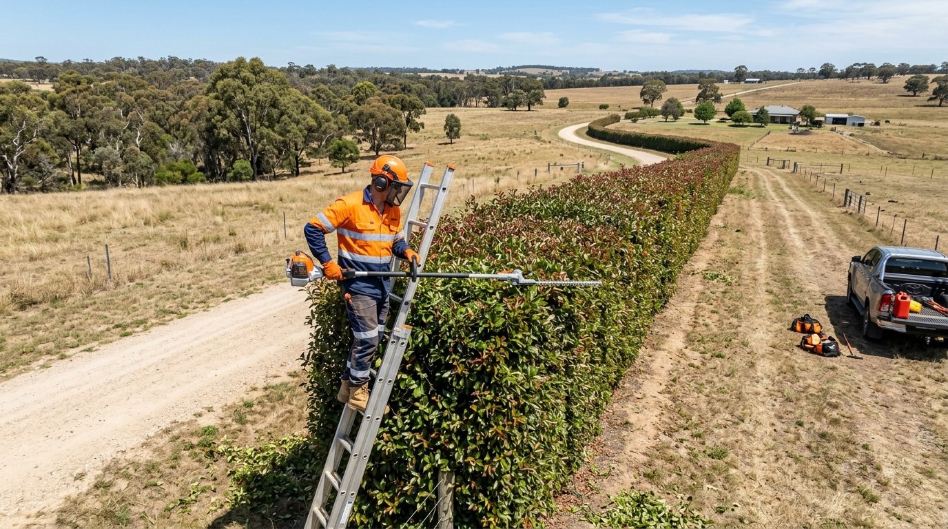 Quietly trimming a small hedge with a cordless battery trimmer in a suburban courtyard