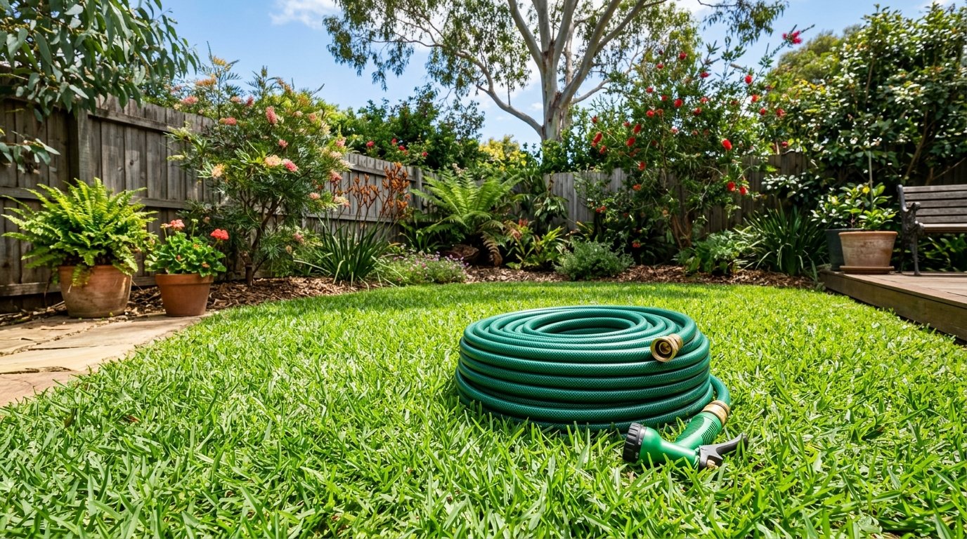 Watering a garden bed with a green garden hose and spray nozzle