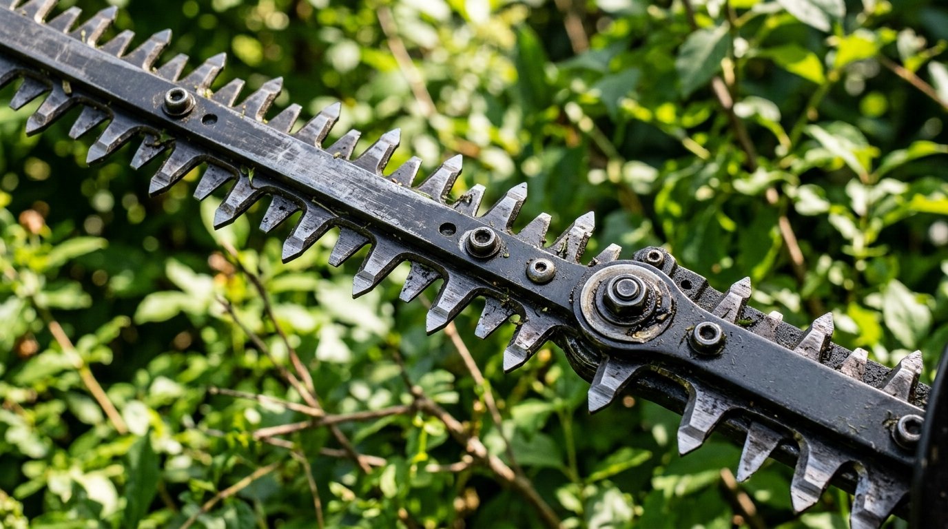 Using a cordless battery hedge trimmer on a green hedge in an Australian backyard