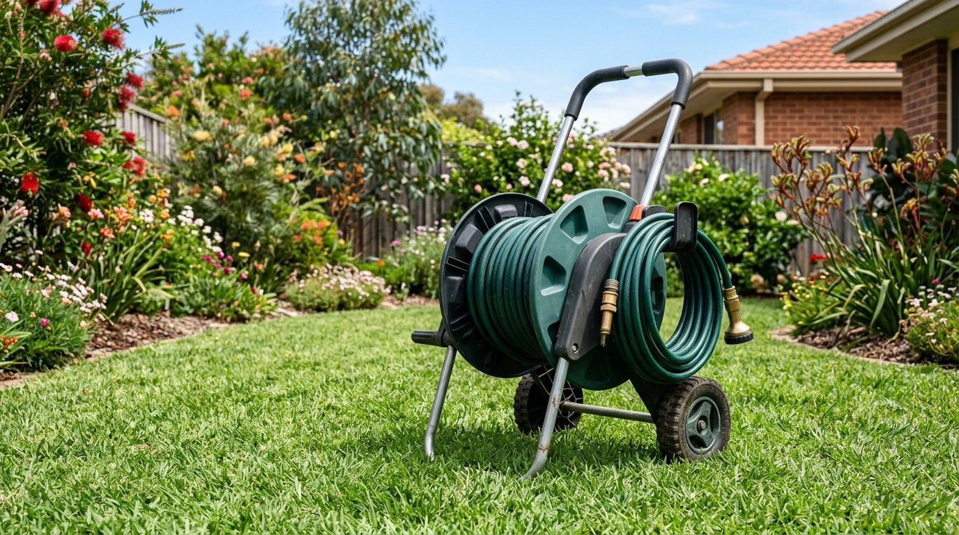 A retractable wall-mounted garden hose reel on an exterior house wall